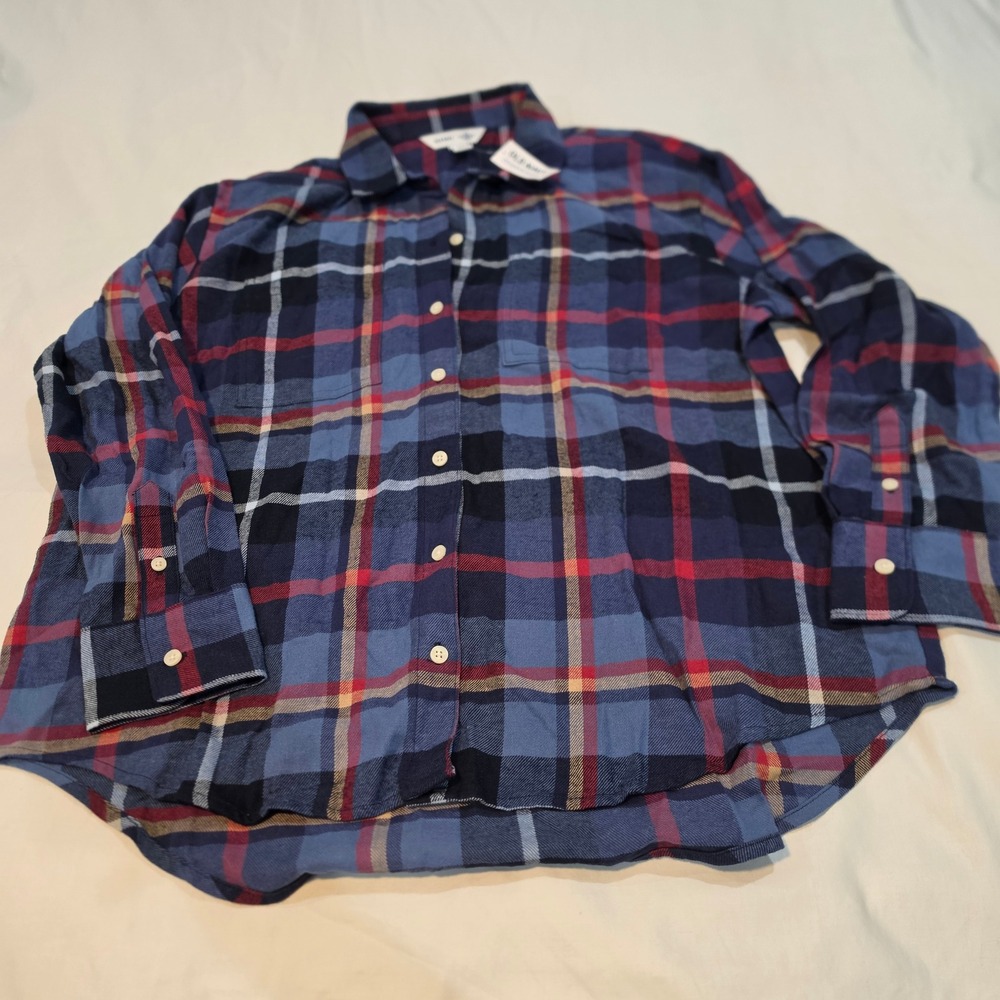 Old Navy Button Down Shirt Men Large Blue Red NWT Plaid Boyfriend Long Sleeve